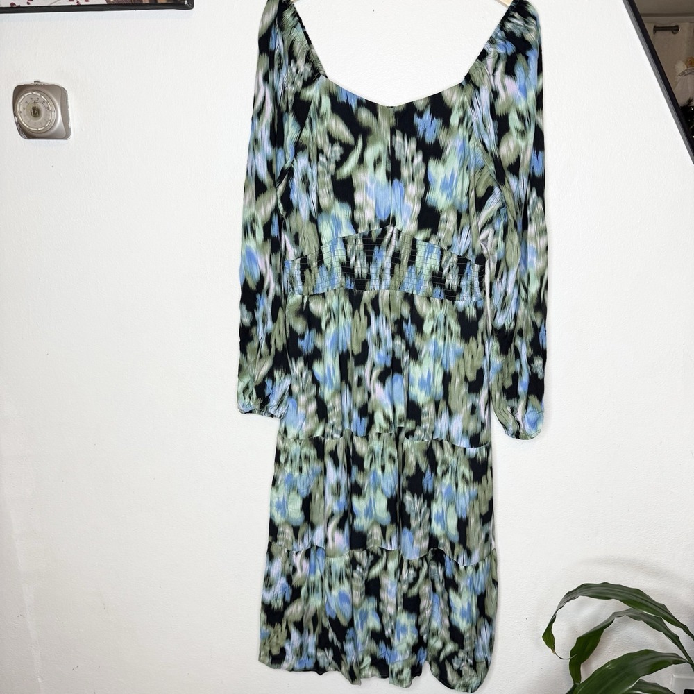 New Time And Tru Smocked Black Green Sweetheart Midi Dress Women's XL (16-18)